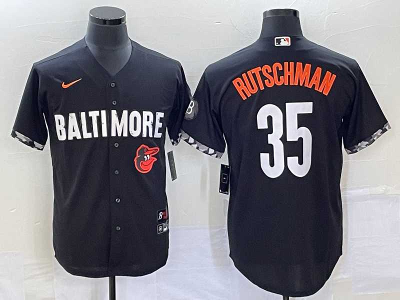 Mens Baltimore Orioles #35 Adley Rutschman Black 2023 City Connect Cool Base Stitched Jersey